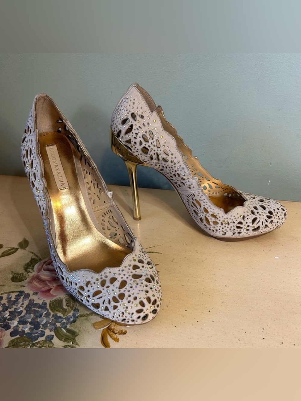 BCBGMAXAZRIA “Peacock” Crystal Embellished Leather Perforated Cutout Shoes